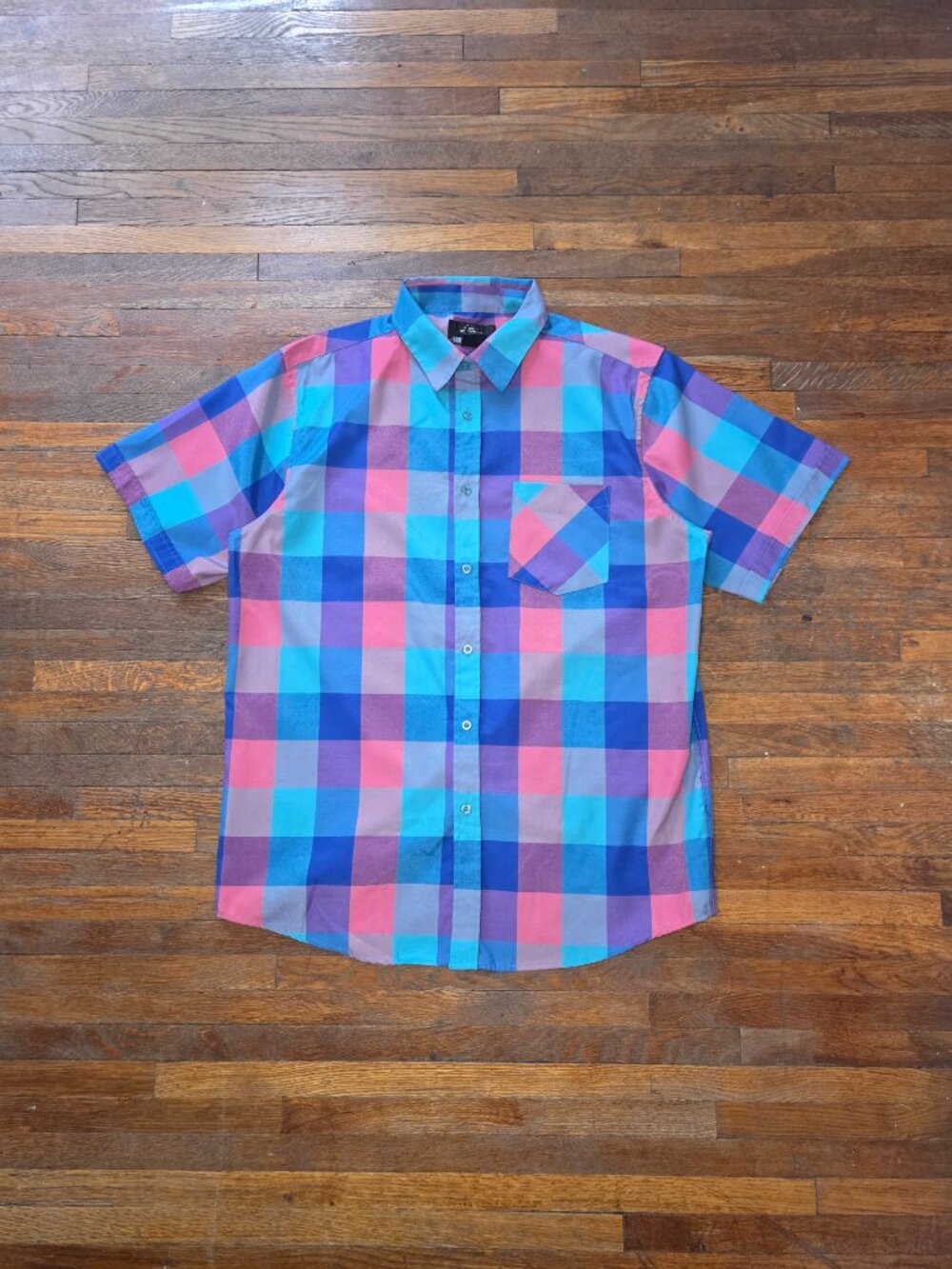 Brooklyn State Short Sleeve Teal and Pink Plaid Button Up
